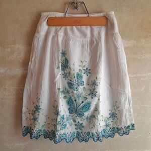 311a. white vintage Philly beaded butterfly cotton y2k skirt, L 12-14 girls